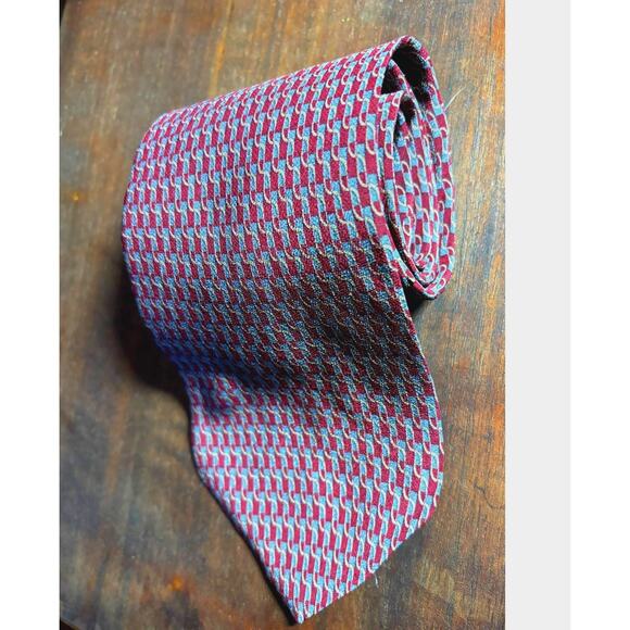 Kenneth Cole Mens 100% Silk Neck Tie Dark Red Gold Light Blue Chain Pattern - Picture 3 of 10